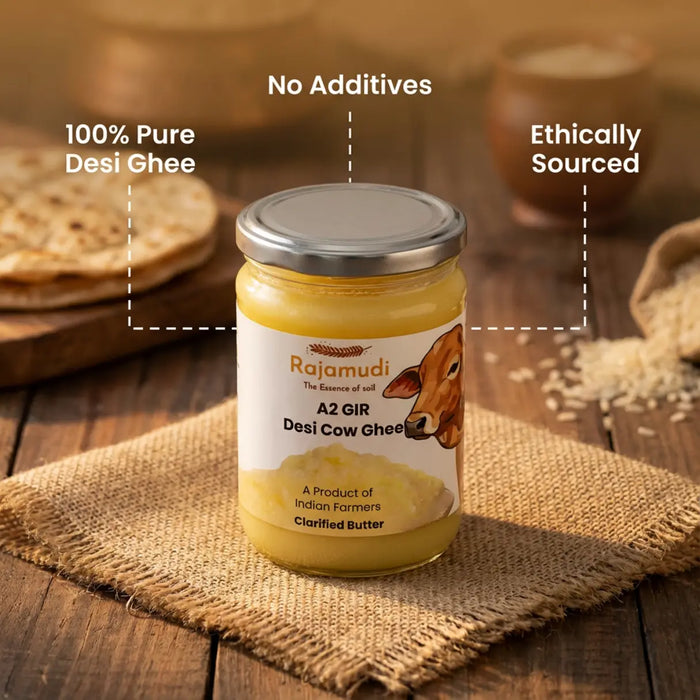 Rajamudi A2 Gir Cow Ghee 500ml | Pure Desi Ghee Made Using Traditional Bilona Method | Rich in Nutrition & Natural Goodness | Made from our Local Chittor Farm's Gir Cows