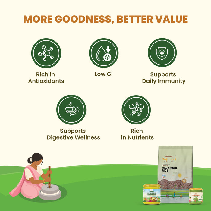 Rajamudi Native Goodness Combo - Organic Rajamudi Rice (1kg) + Desi Gir Cow Ghee A2 (250ml) + Organic Moringa Powder (100g) | 100% Pure & Certified