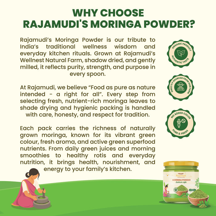 Organic Moringa Powder | Pure Moringa Oleifera Leaf Powder | Certified Organic Superfood | Rajamudi Organics