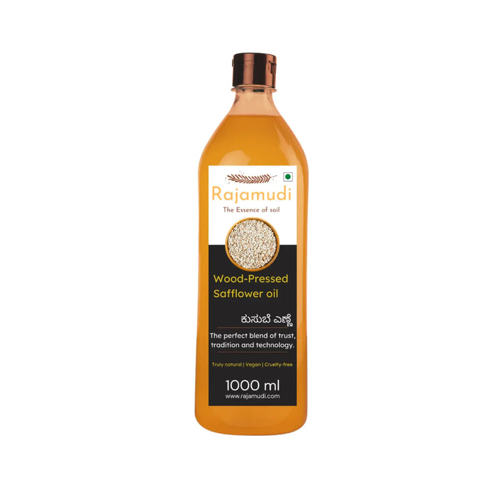 Rajamudi, rajamudi oils, wood pressed coils, rajamudi wood pressed oils, cooking oil, healthy cooking oil, cold pressed oil, vegan oil, rajamudi wood pressed safflower oil, safflower seed, safflower oil, rajamudi safflower oil