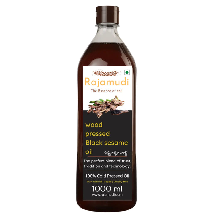 Rajamudi, rajamudi oils, wood pressed coils, rajamudi wood pressed oils, cooking oil, healthy cooking oil, cold pressed oil, vegan oil, sesame, black sesame, black sesame oil, rajamudi black sesame oil