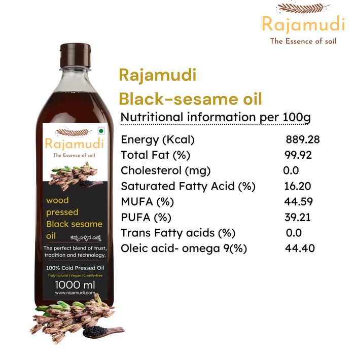 Rajamudi, rajamudi oils, wood pressed coils, rajamudi wood pressed oils, cooking oil, healthy cooking oil, cold pressed oil, vegan oil, sesame, black sesame, black sesame oil, rajamudi black sesame oil