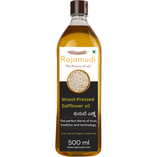 Rajamudi, rajamudi oils, wood pressed coils, rajamudi wood pressed oils, cooking oil, healthy cooking oil, cold pressed oil, vegan oil, rajamudi wood pressed safflower oil, safflower seed, safflower oil, rajamudi safflower oil